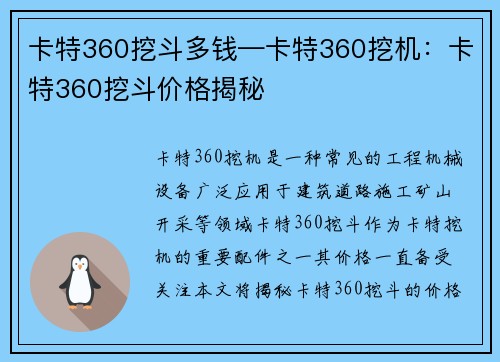 卡特360挖斗多钱—卡特360挖机：卡特360挖斗价格揭秘
