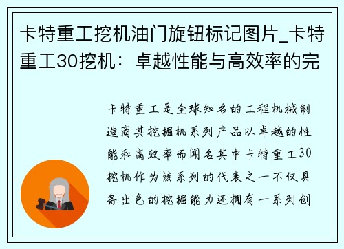 卡特重工挖机油门旋钮标记图片_卡特重工30挖机：卓越性能与高效率的完美结合