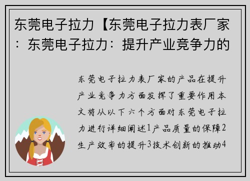 东莞电子拉力【东莞电子拉力表厂家：东莞电子拉力：提升产业竞争力的新引擎】