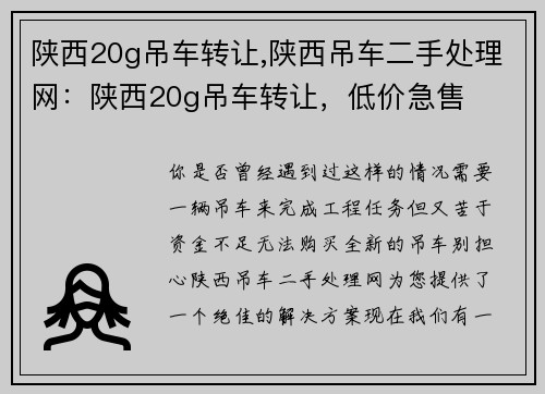 陕西20g吊车转让,陕西吊车二手处理网：陕西20g吊车转让，低价急售